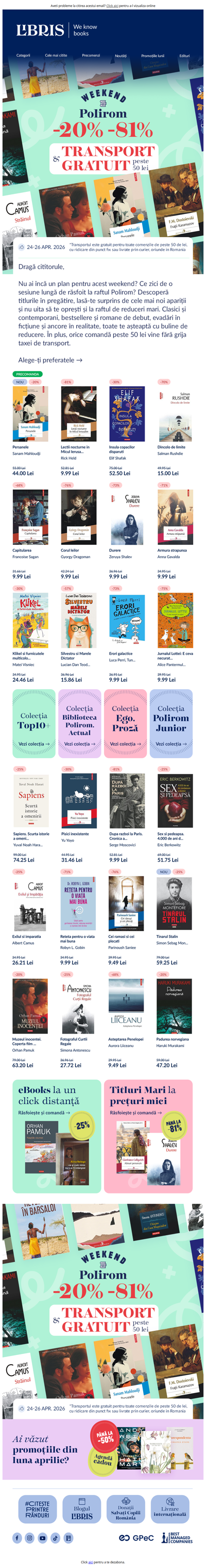 Până la -81% și Transport Gratuit peste 50 lei!🔥Nu rata Weekendul Polirom!
