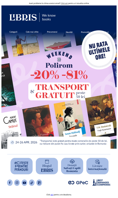 Ultimele ore! ⏳Transport Gratuit* 🚚 -20% -81% la rafttul Polirom!