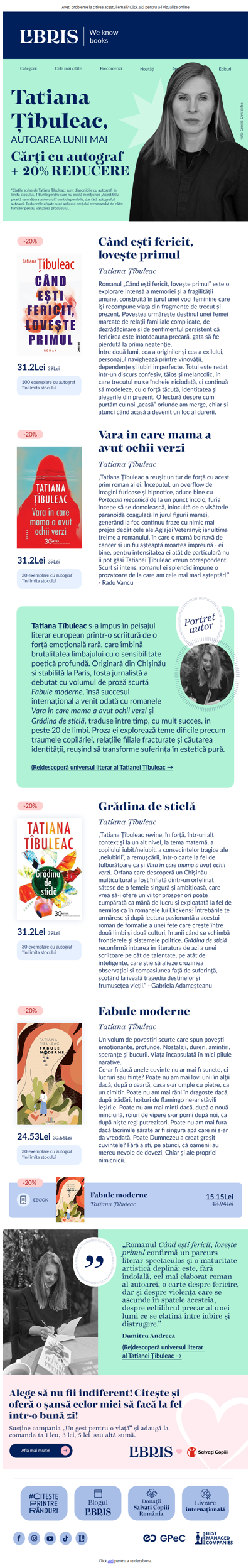 💙Tatiana Țîbuleac, autoarea lunii mai💙Autograf* și 20% reducere la toate titlurile!