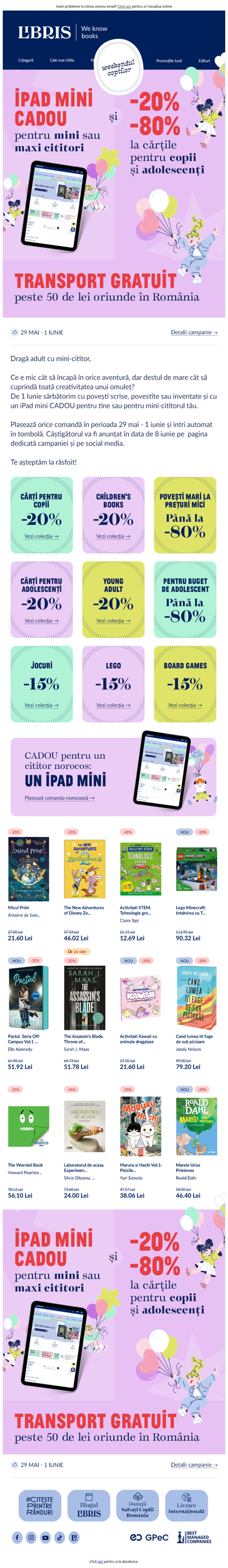 🍭 Un iPad mini CADOU și -20%-80% la cărți pentru copii & YA 🖍️ Weekendul mini-cititorilor a început!