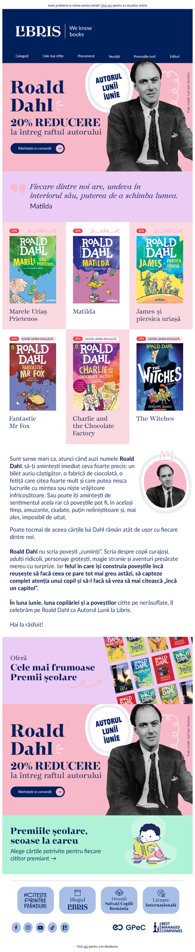 🍫 Biletul tău de Aur pentru Autorul lunii Iunie Roald Dahl -20% 🎫