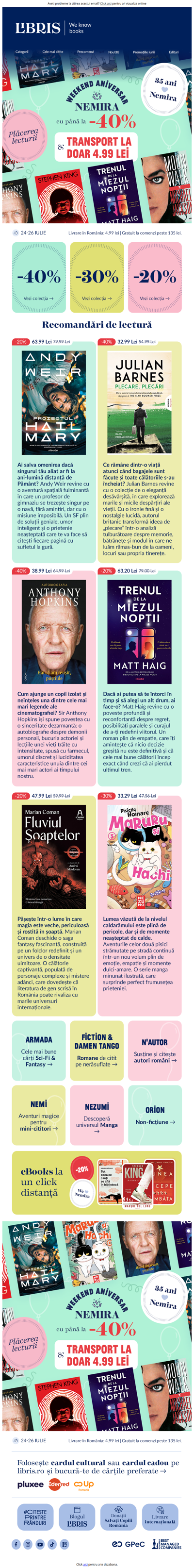 💥Reduceri aniversare 💥 și TRANSPORT la doar 4.99 în Weekendul Nemira!🎉