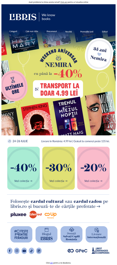⌛ Până la -40% și TRANSPORT la doar 4.99! ⌛Sărbătorește cu noi 35 de ani Nemira!