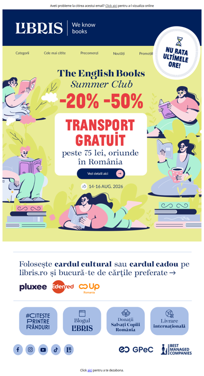Ultimele ore ⏰🪂Transport GRATUIT* & English Weekend -20%-50%!