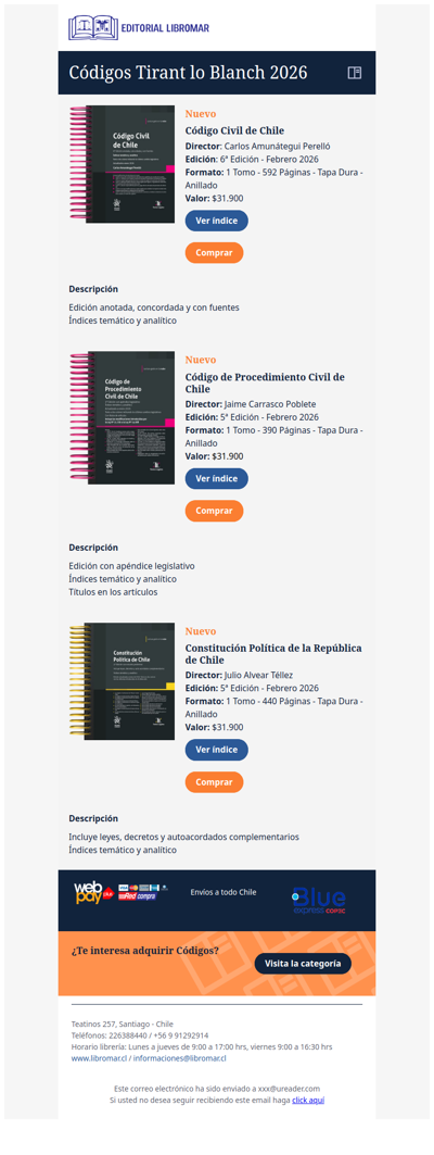 Nuevos Códigos Tirant lo Blanch edición 2026 - Civil, Procedimiento Civil y Constitución Política de la República 📒