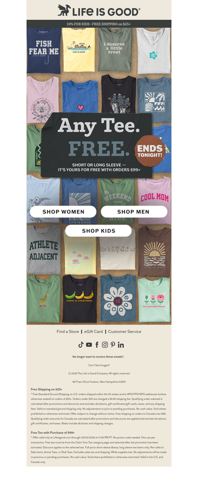 ENDS TONIGHT: Free Tee at $99!