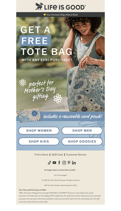 FREE Mother's Day Tote Bag at $99+!