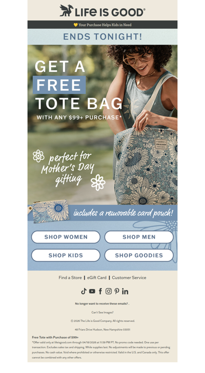 ALMOST GONE: Free Tote Bag at $99+