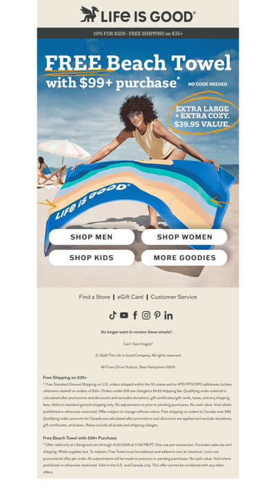 HUGE Beach Towel = FREE at $99+