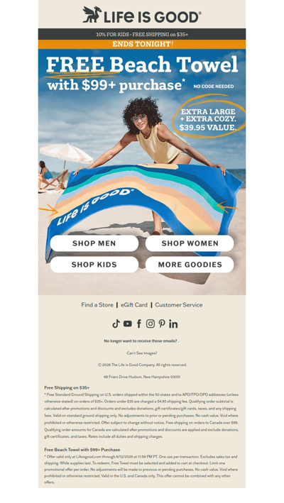 ENDS TONIGHT: Free Towel at $99+