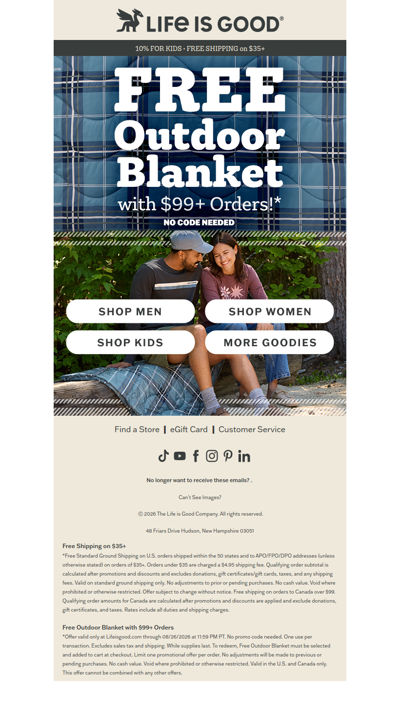 $99 orders = FREE Outdoor Blanket!