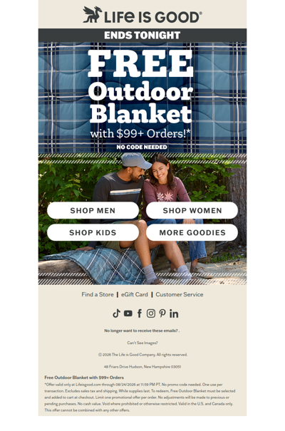 ENDS TONIGHT: Free Blanket at $99+