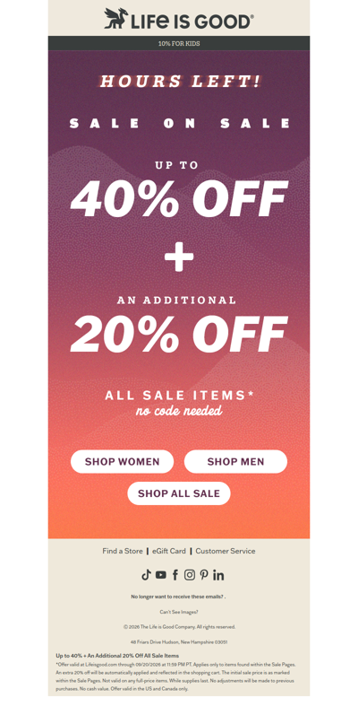 HOURS LEFT Extra 20% Off Sale Items