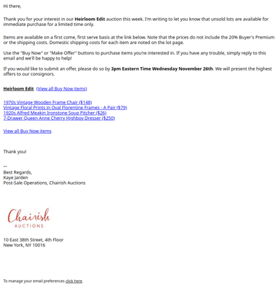 Purchase recently ended Chairish Auctions items for 48 hours only