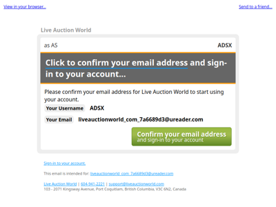 Reminder: Confirm your account for Live Auction World