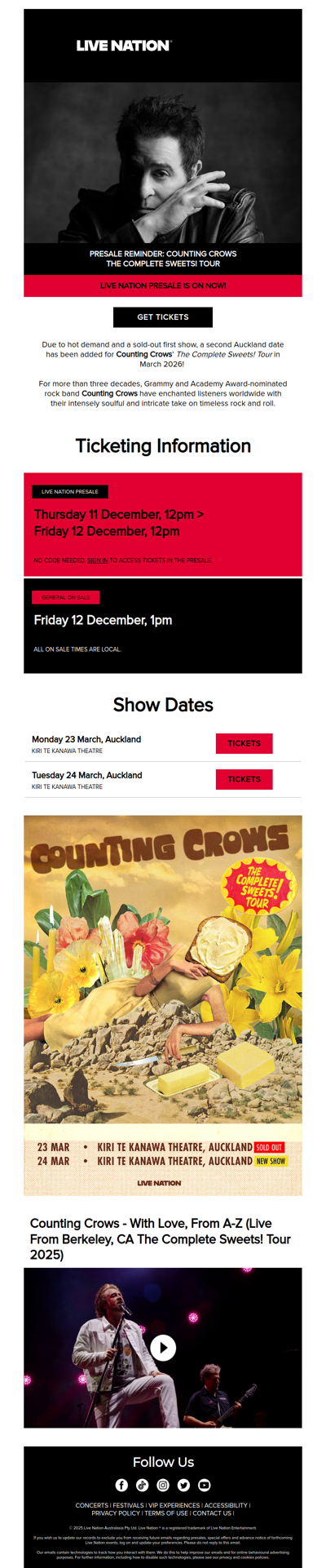 Counting Crows announce a second Auckland show on The Complete Sweets! Tour New Zealand 2026