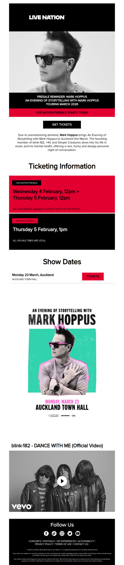 PRESALE REMINDER: Mark Hoppus is bringing An Evening of Storytelling with Mark Hoppus to Aotearoa