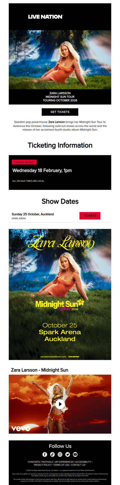 Zara Larsson announce she's bringing her Midnight Sun tour to Aotearoa this October