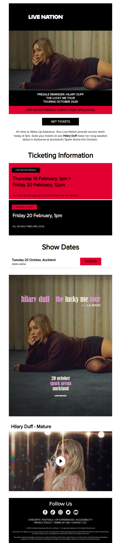 PRESALE REMINDER: Hilary Duff is bringing the lucky me tour to Aotearoa!