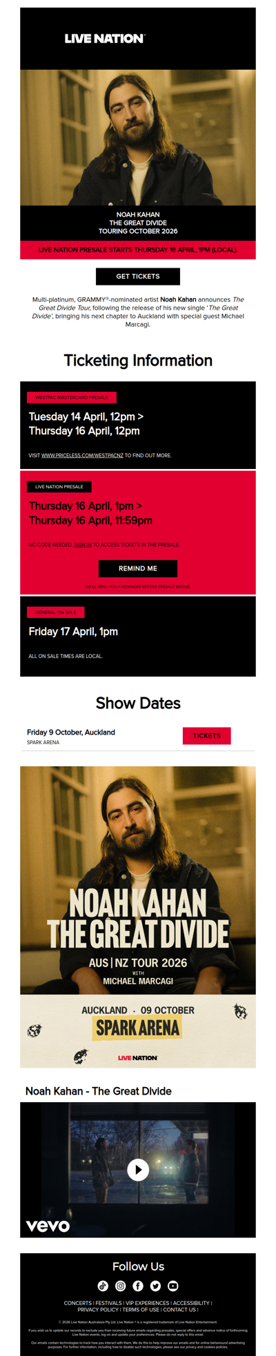 Noah Kahan is bringing The Great Divide tour to Aotearoa this October!