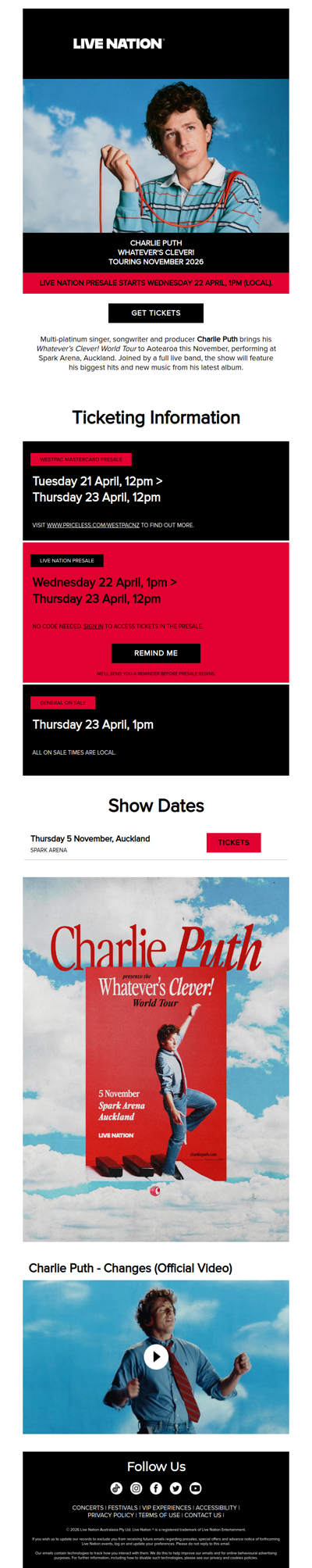 Charlie Puth is bringing his Whatever's Clever! World Tour to Aotearoa November 2026!