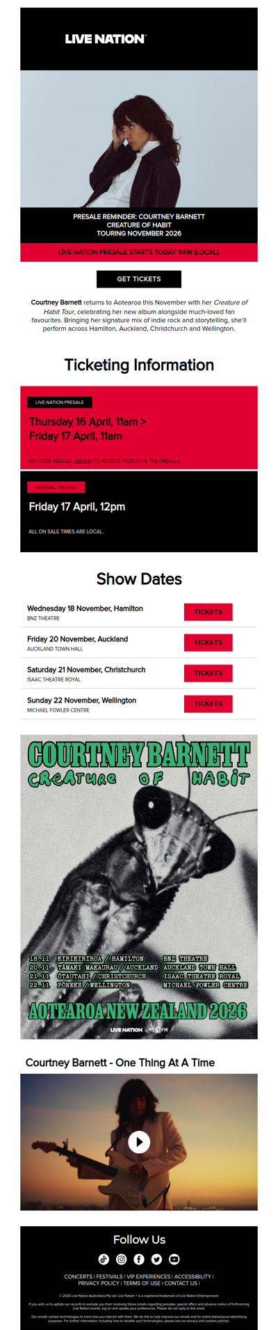 PRESALE REMINDER: Presale Courtney Barnett's Creature of Habit tour starts today