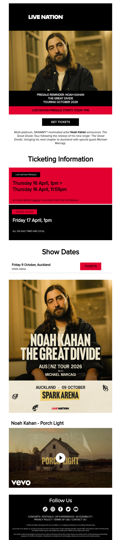 PRESALE REMINDER: Presale for Noah Kahan's The Great Divide tour starts today