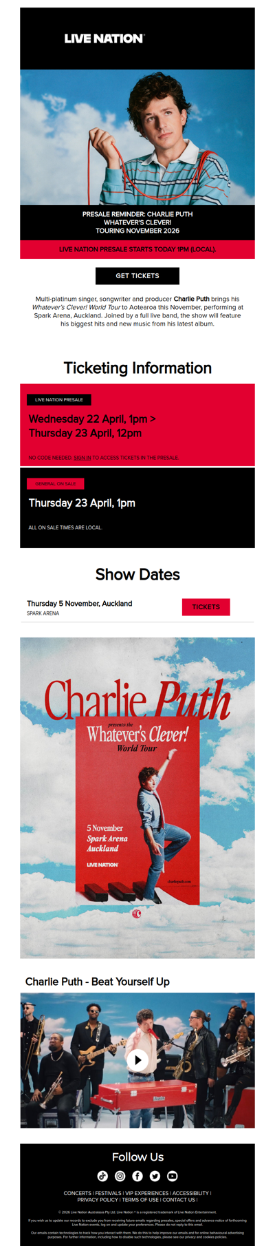 PRESALE REMINDER: Presale for Charlie Puth's Whatever's Clever! World Tour starts today!