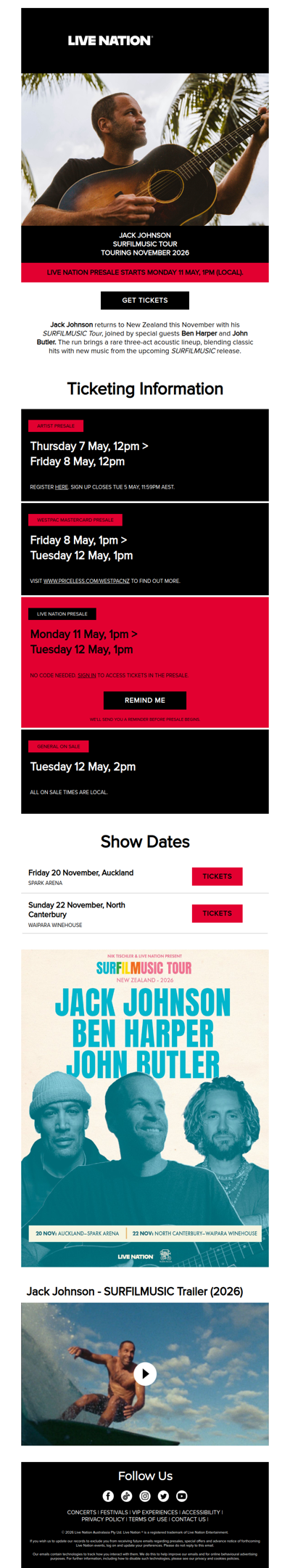 Jack Johnson is bringing his SURFILMUSIC Tour to Aotearoa this November!