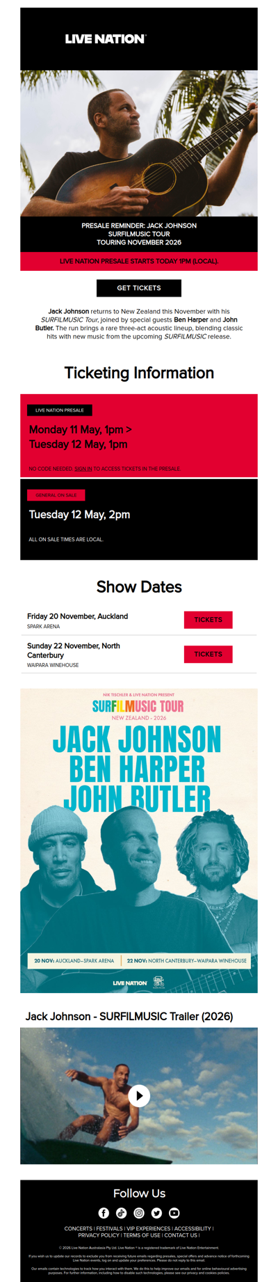 PRESALE REMINDER: Presale for Jack Johnson's SURFILMUSIC Tour starts today!