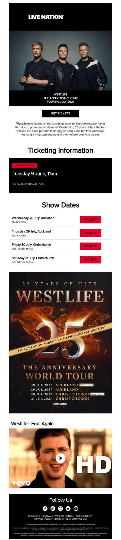 Westlife have added a final Auckland show to The Anniversary World Tour