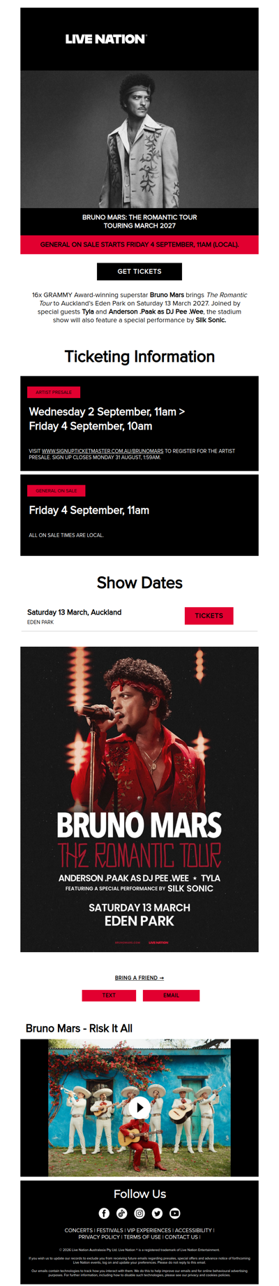 Bruno Mars is bringing The Romantic Tour to Aotearoa in 2027