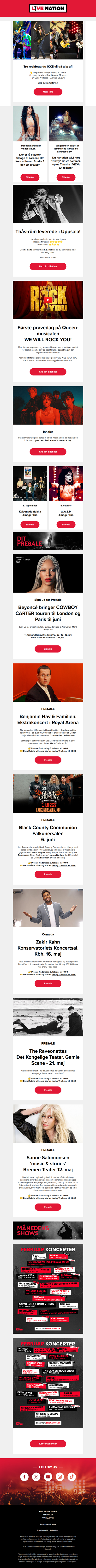 Dit presale til: Supergruppen Black County Communion, Benjamin Hav & Familien ekstrakoncert, The Raveonettes, Zakir Kahn og Sanne Salomonsen • Nye shows og koncerter i februar