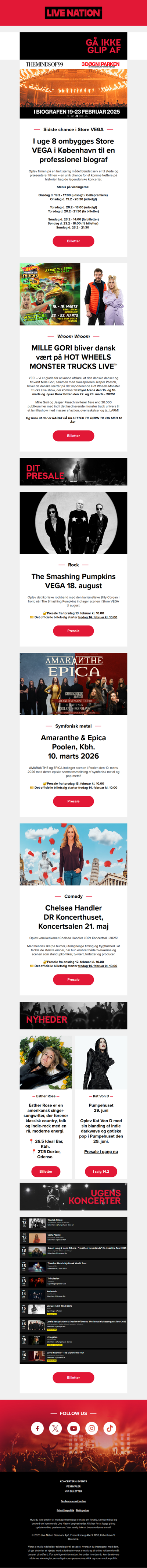 Dit presale til: The Smashing Pumpkins, Amaranthe & Epica, Chelsea Handler • The Minds of 99 koncertfilm • Ugens koncerter