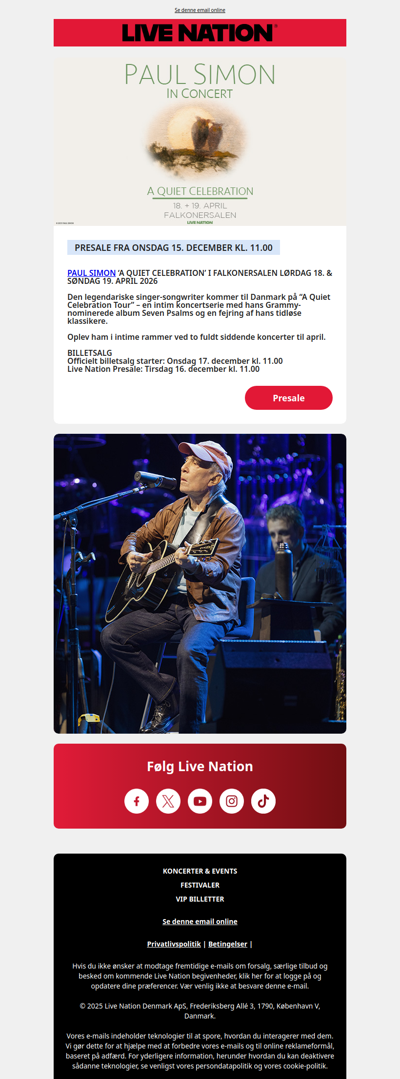 Paul Simon kommer til København - Dit presale her