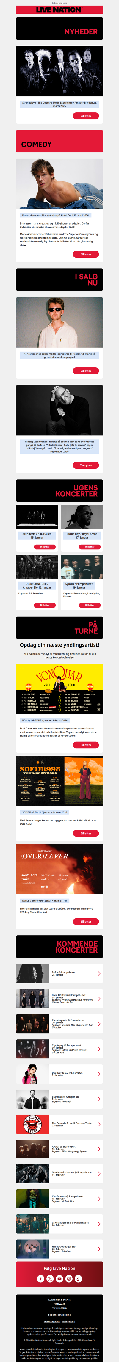 Ekstra show med komiker Mario Adrion • Oskar med K opgraderes til Poolen • Stangelove - The Depeche Mode Experience til Amager Bio  • Ugens koncerter