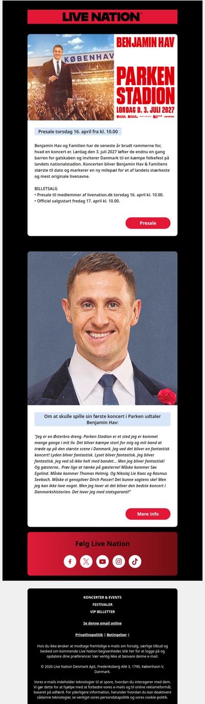 Benjamin Hav inviterer hele Danmark til folkefest i Parken lørdag 3. juli 2027
