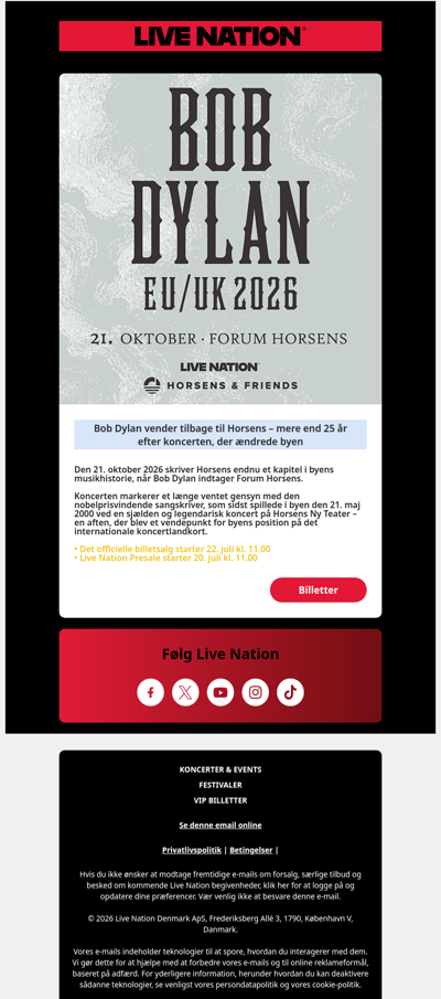 BOB DYLAN – 21. OKTOBER 2026 I FORUM HORSENS - PRESALE & ONSALE DATOER ER NU KLAR