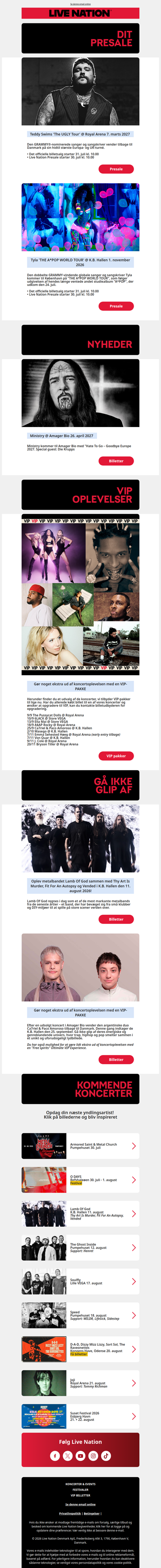 Dit presale til Teddy Swims og Tyla • Gør noget ekstra ud af din koncert med en VIP-pakke • Nye og kommende koncerter