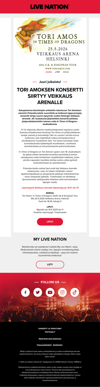 Tori Amoksen konsertti siirtyy suuren kysynnän vuoksi Veikkaus Arenalle! 🐉