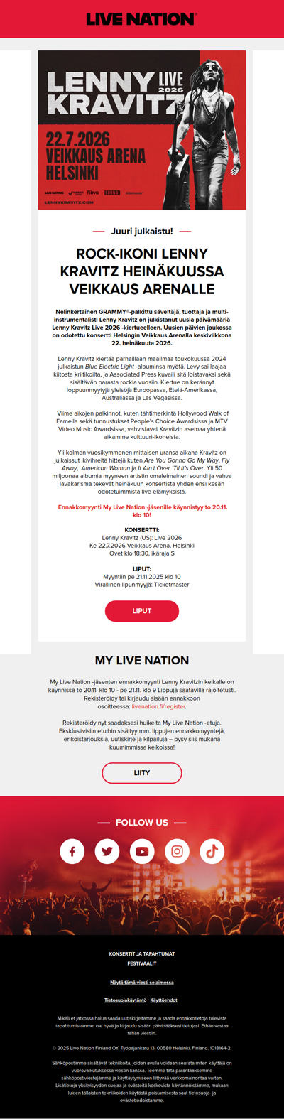 Rock-ikoni Lenny Kravitz saapuu Suomeen! 🎸