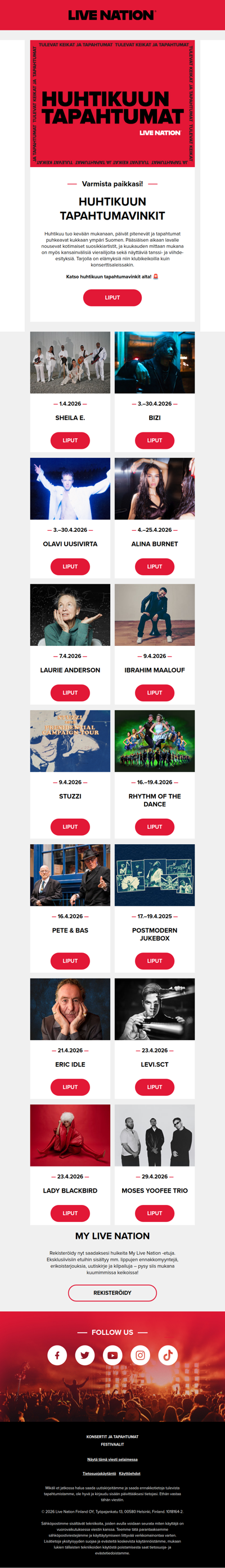 Live Nationin huhtikuun tapahtumavinkit! 🚨