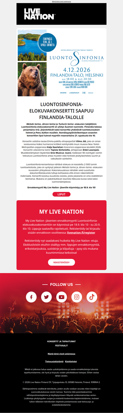 Metsän tarinan ja Järven tarinan tekijöiden uusi Luontosinfonia-elokuvakonsertti Finlandia-talolle!  ✨