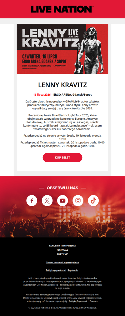 Lenny Kravitz wraca do Polski w 2026 roku!