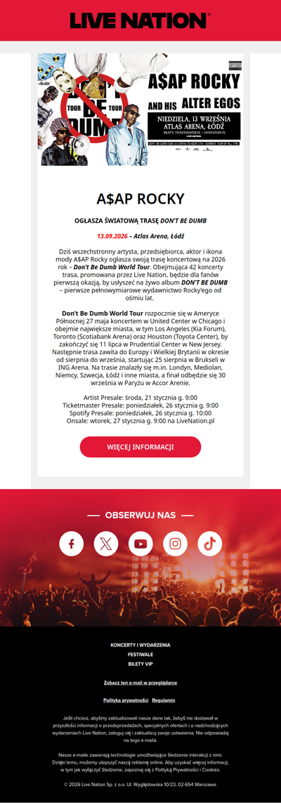 A$AP Rocky wystąpi w Polsce w 2026 roku!