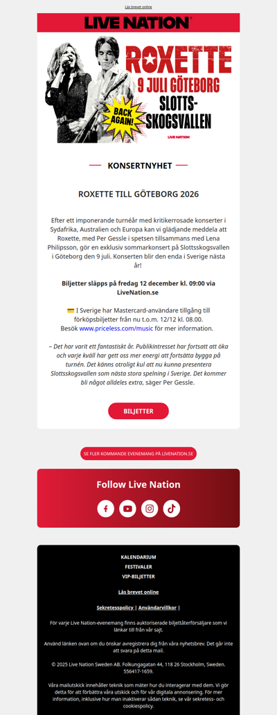 Roxette till Slottsskogsvallen i sommar - enda spelningen 2026!