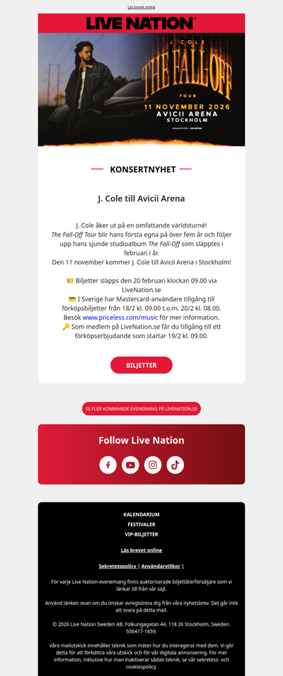 J. COLE TILL SVERIGE I HÖST