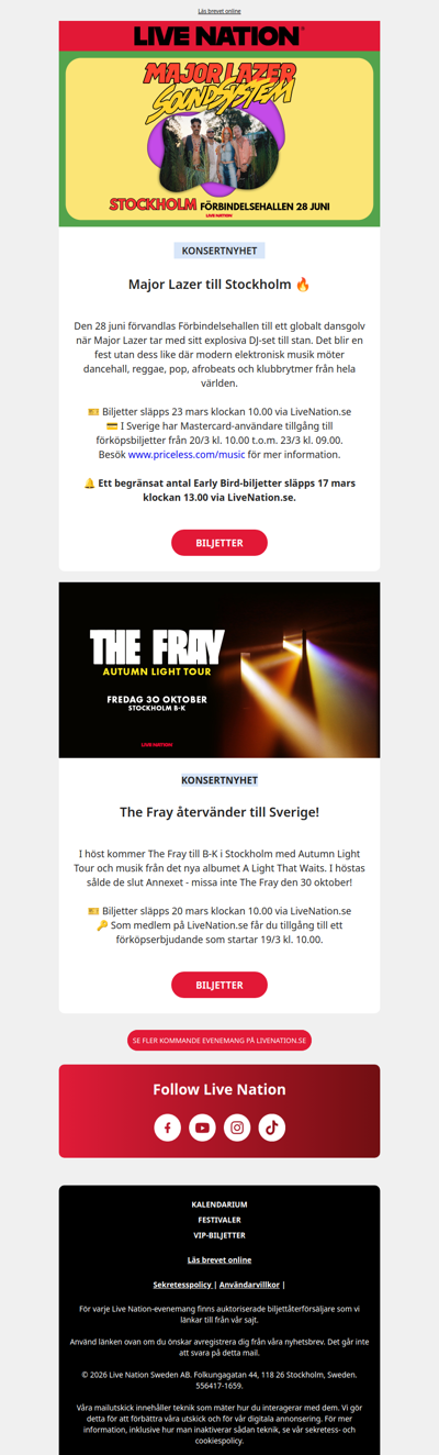 Konsertnyheter: Major Lazer och The Fray