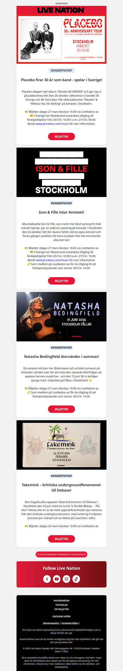 Konsertnyheter: Placebo, Ison & Fille, Natasha Bedingfield och fler!