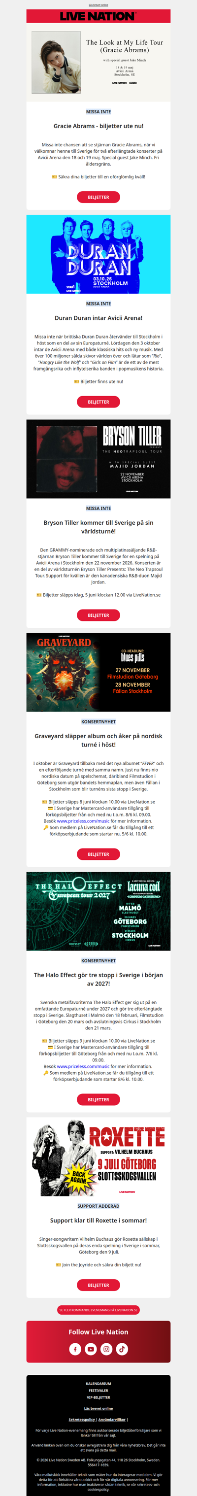 Konsertnyheter: Gracie Abrams, Duran Duran, Graveyard och fler!